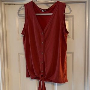 Green Envelope Rust Red Button-Front Tie Tank
